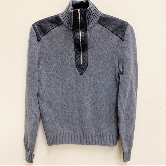 Lauren Ralph Lauren Sweaters - Ralph Lauren Women Grey Cotton Mockneck Pullover Sweater Half Zip Leather Detail